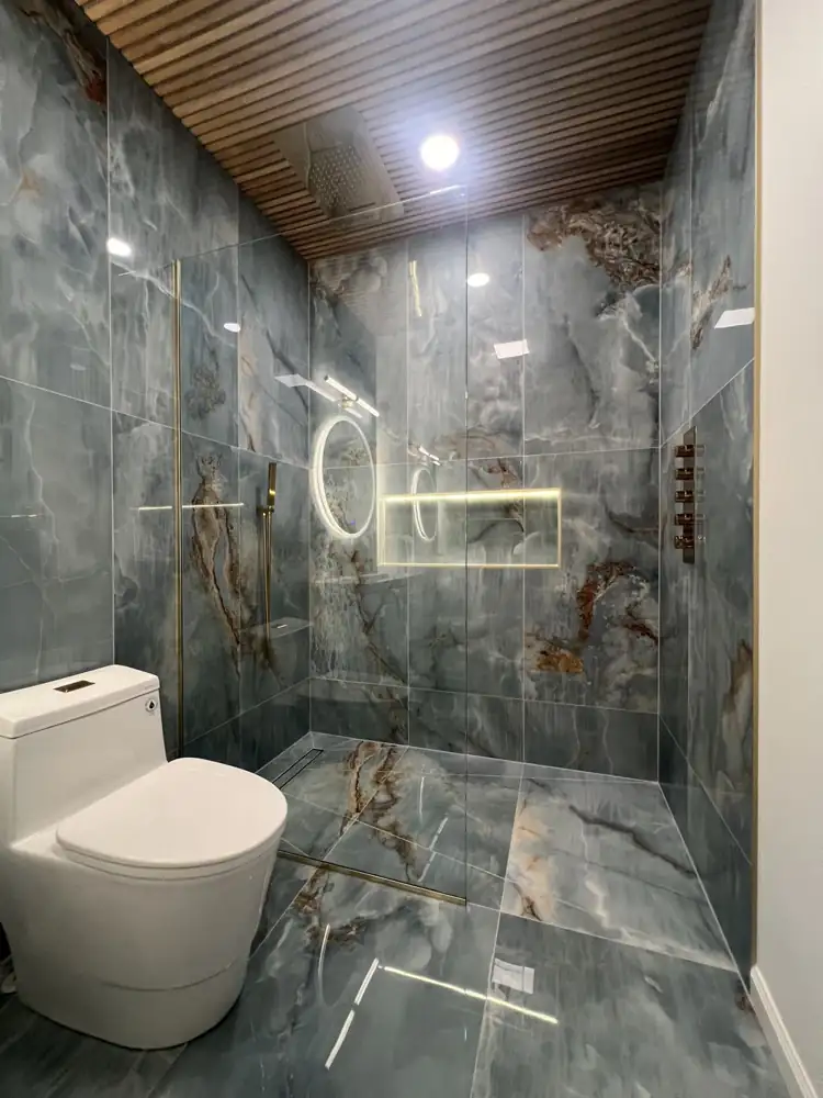 Curbless walk-in shower with glass panel and lit niche