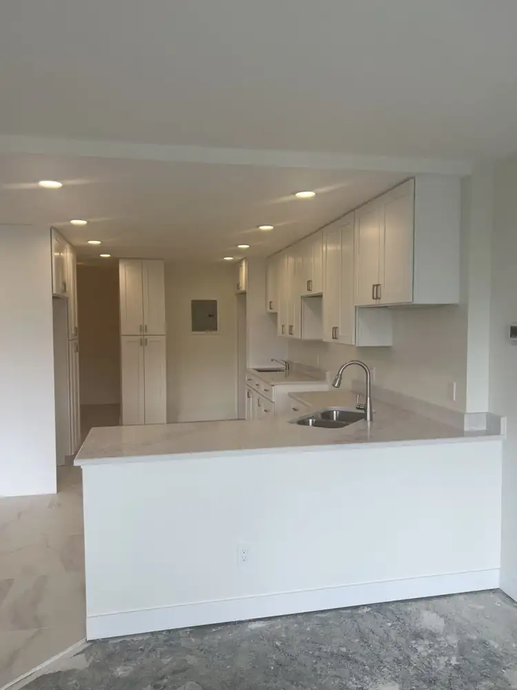 Quartz peninsula with double sink and white shaker cabinets with pantry