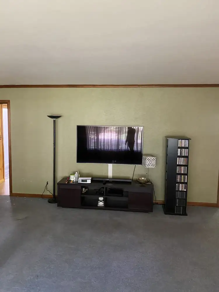 Living room TV wall with green textured paint and carpet before remodel, Northeast Ohio