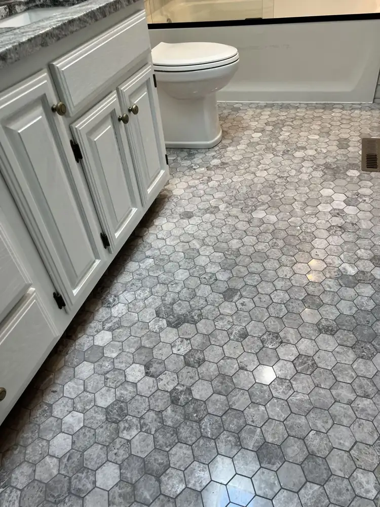 Gray hexagon marble mosaic floor with painted white vanity, Northeast Ohio