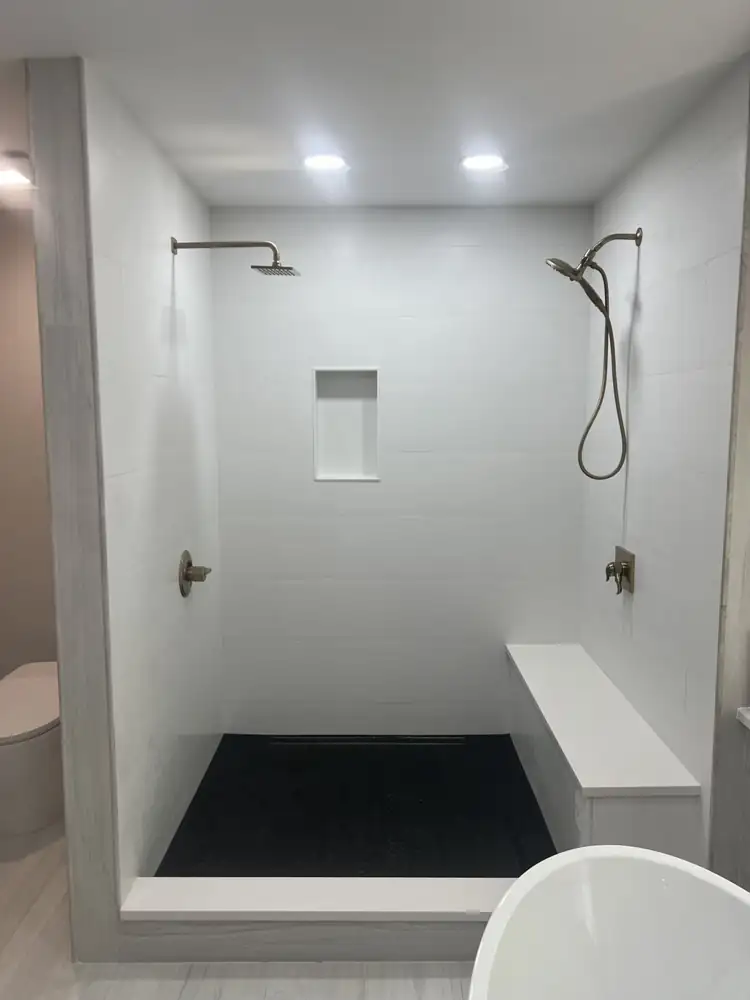 Doorless shower with rain head, handheld shower and champagne bronze fixtures, Northeast Ohio