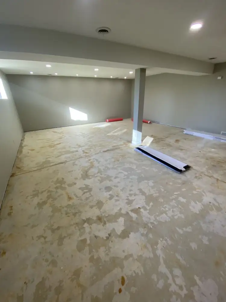 Basement subfloor after old flooring was removed, Northeast Ohio