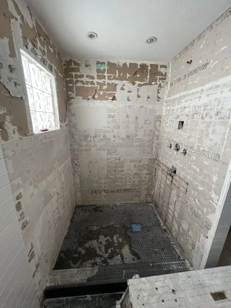 Old tile shower torn out to the backer board before remodel, Northeast Ohio