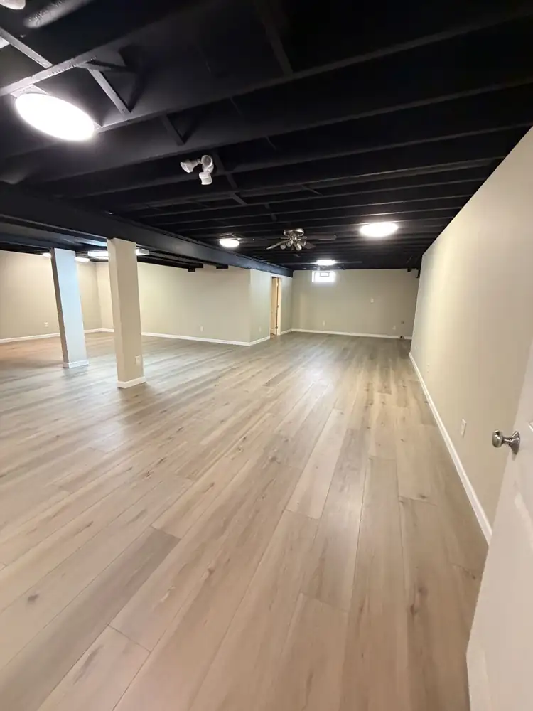 Finished basement with black painted open ceiling and plank flooring