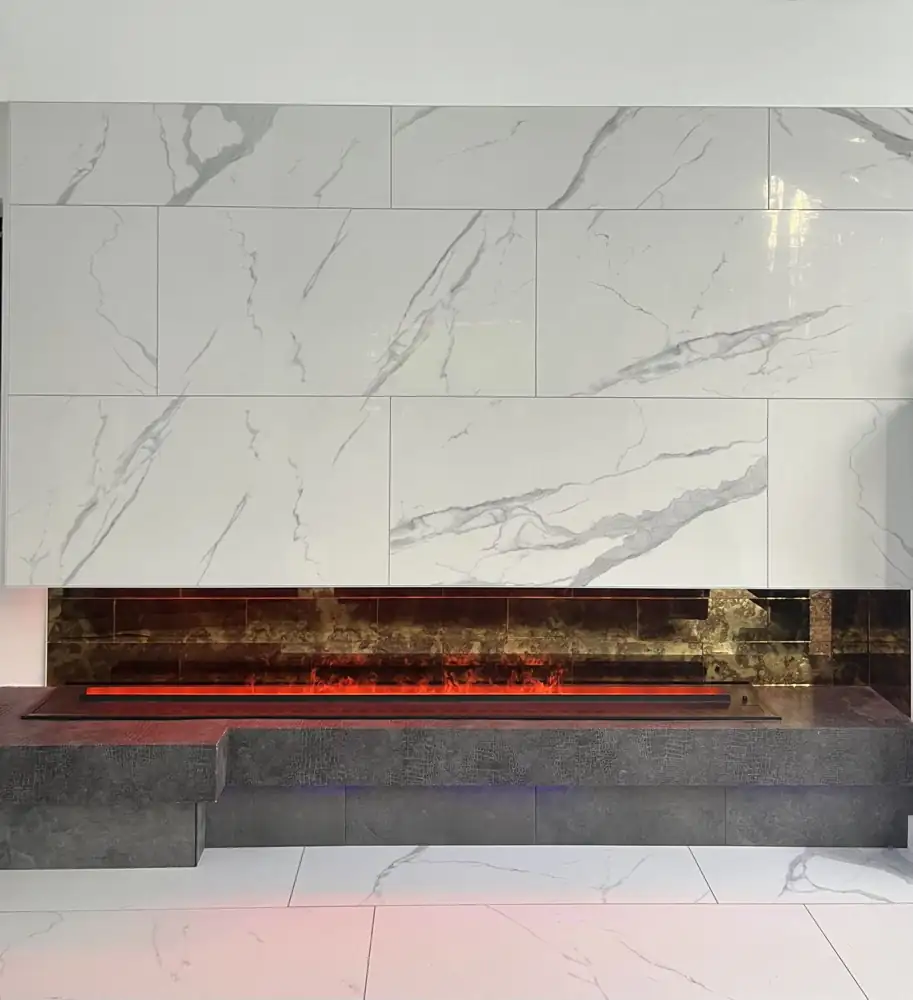 White porcelain fireplace wall with long linear fireplace and textured tile hearth